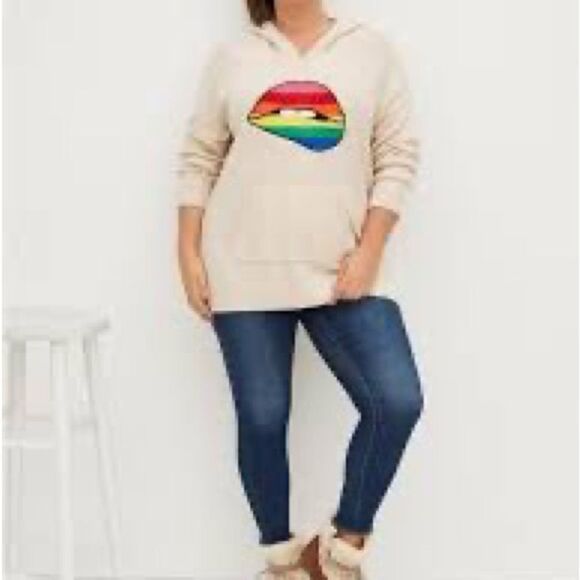 NWOT Torrid Rainbow Lips Oatmeal Raglan Hoodie Sz 2X - Picture 1 of 7